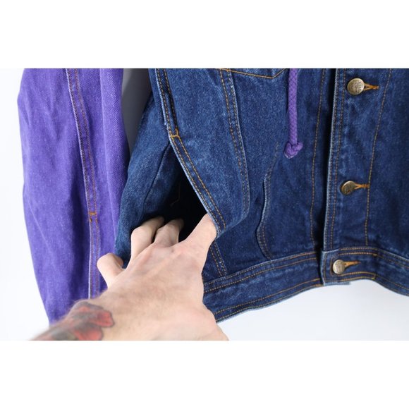NOS Vintage 90s Streetwear Mens Large Color Block Hooded Denim Trucker Jacket - Picture 6 of 10